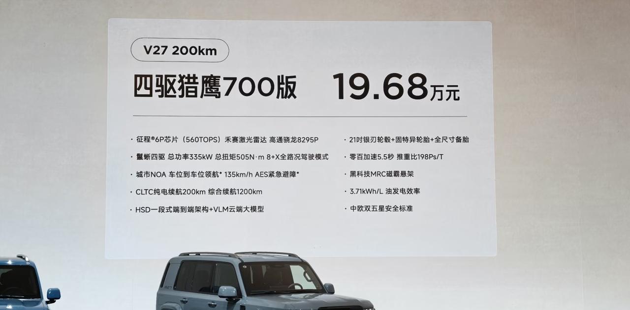 我是iCAR V27前挡风玻璃上贴着的那个价格标签。
19.68万。红字印的。今