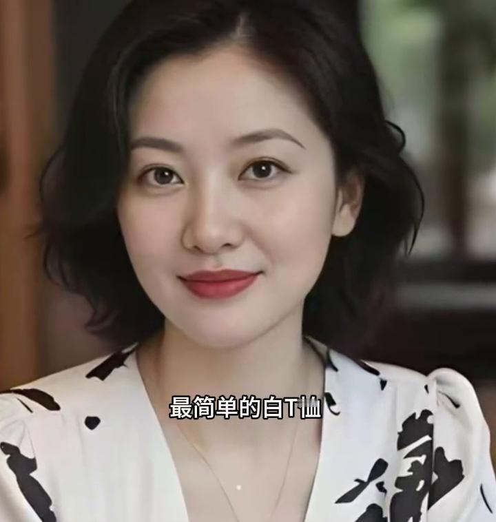 年过半百依然光彩照人，那份从容神韵自在，眼眸清亮干练，短发更添精神。最简单的白T