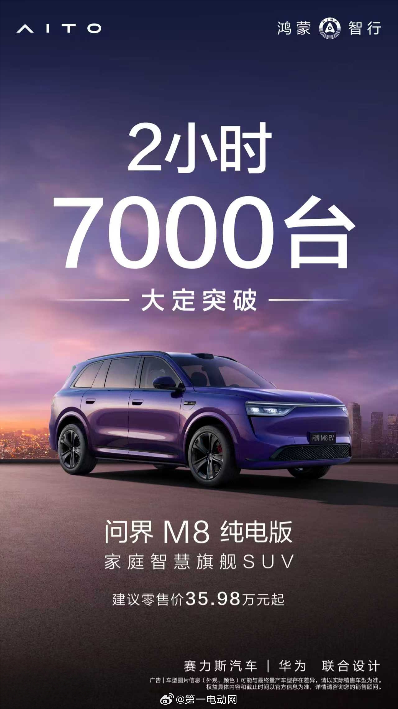 问界m8纯电版2小时大定7000台 新车提供五座和六座两种车型，售价区间为35.