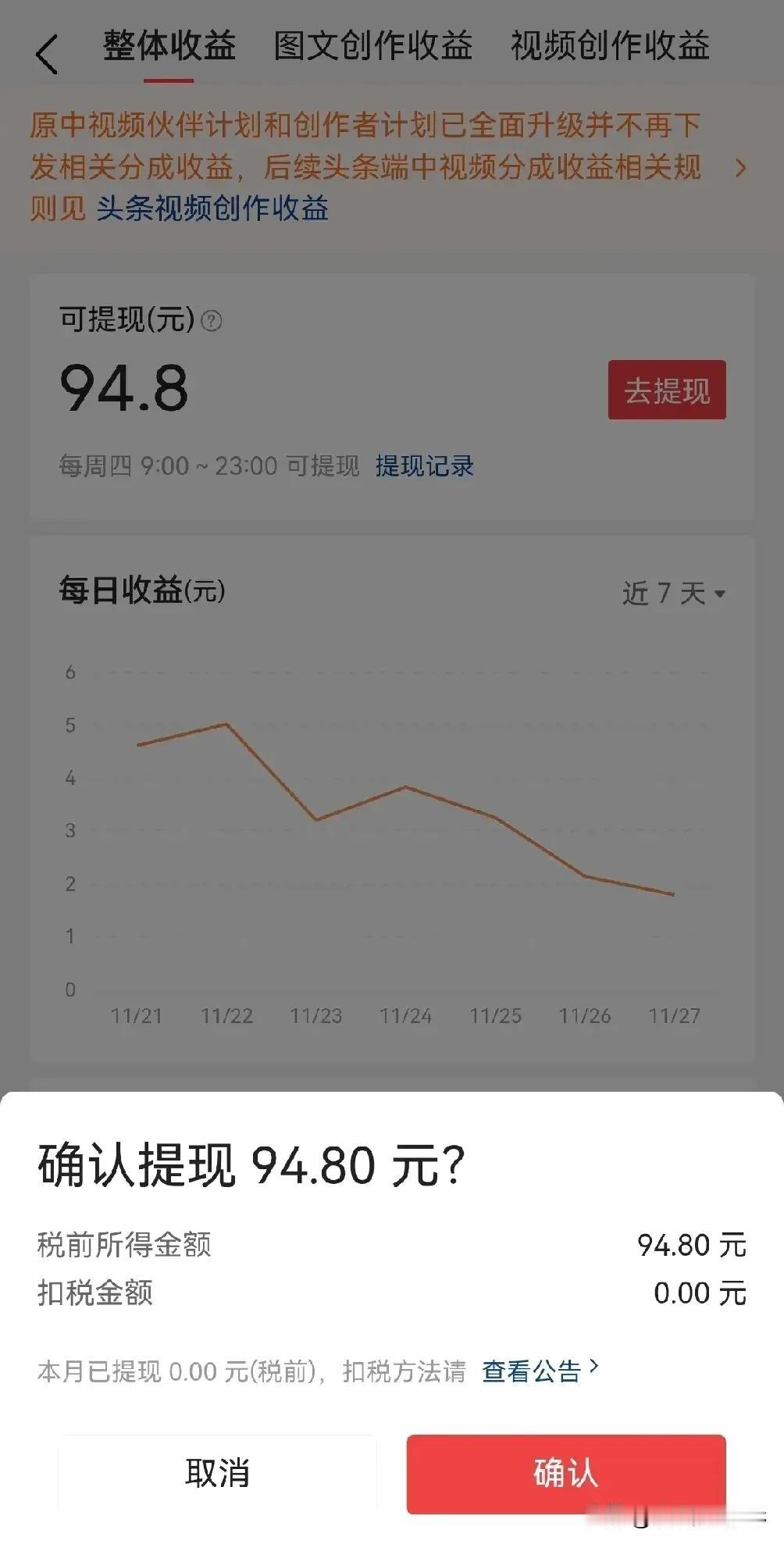 昨天周四，我提现了一个月的收入94.8元，这是我入头条33个月以来，收入最低的一