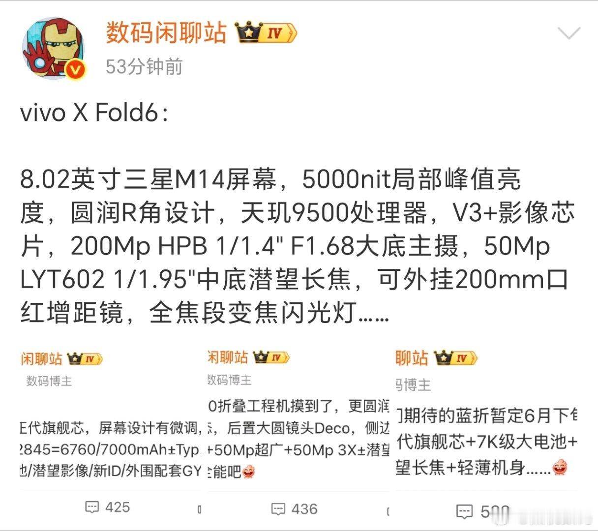 站哥最新爆料，vivo X Fold6的最新参数：8.02英寸三星M14内屏，5