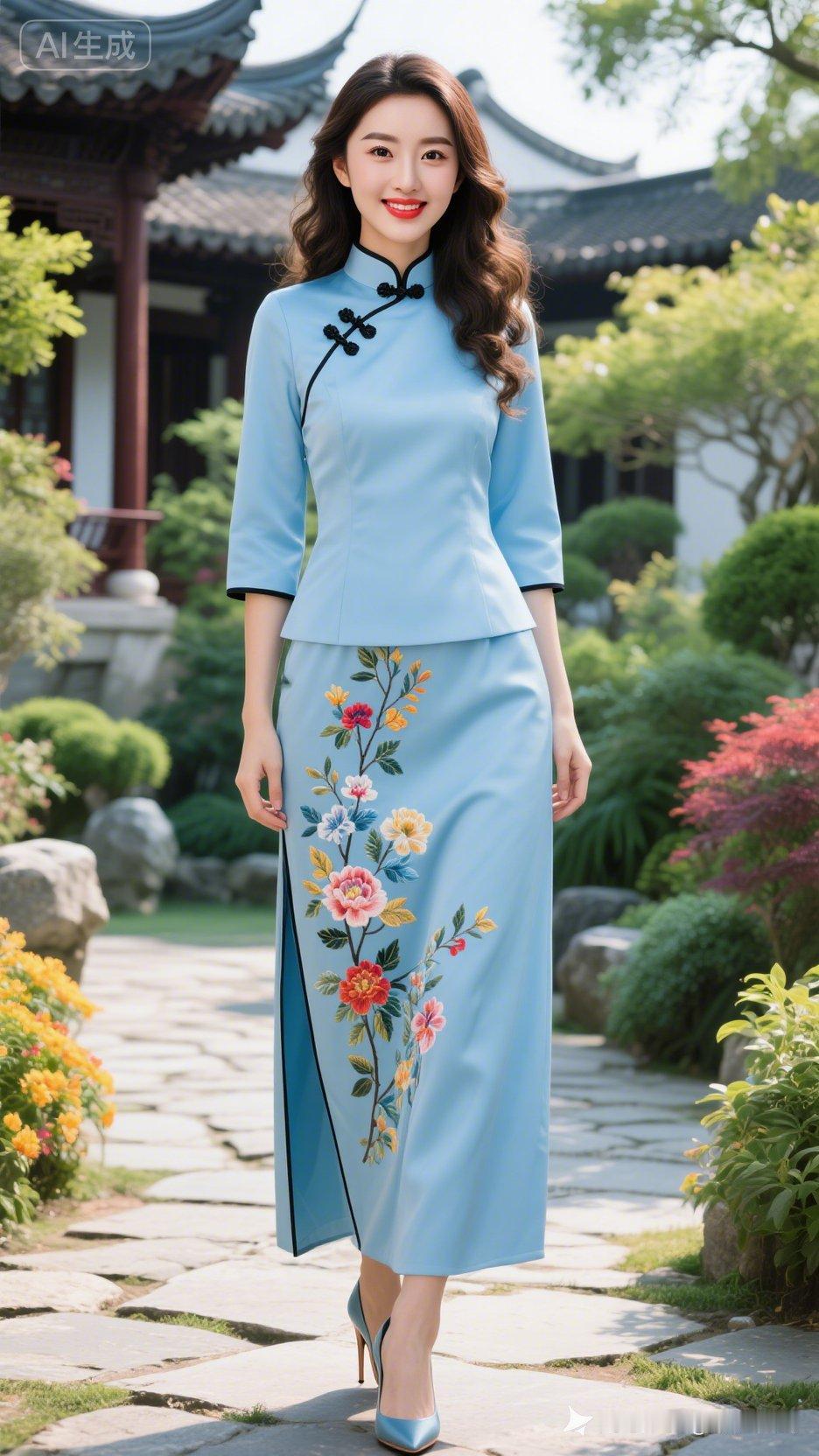 这位女士穿着美丽的旗袍，笑容灿烂。