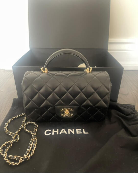 Chanel CF mini 手柄款 黑金羊皮