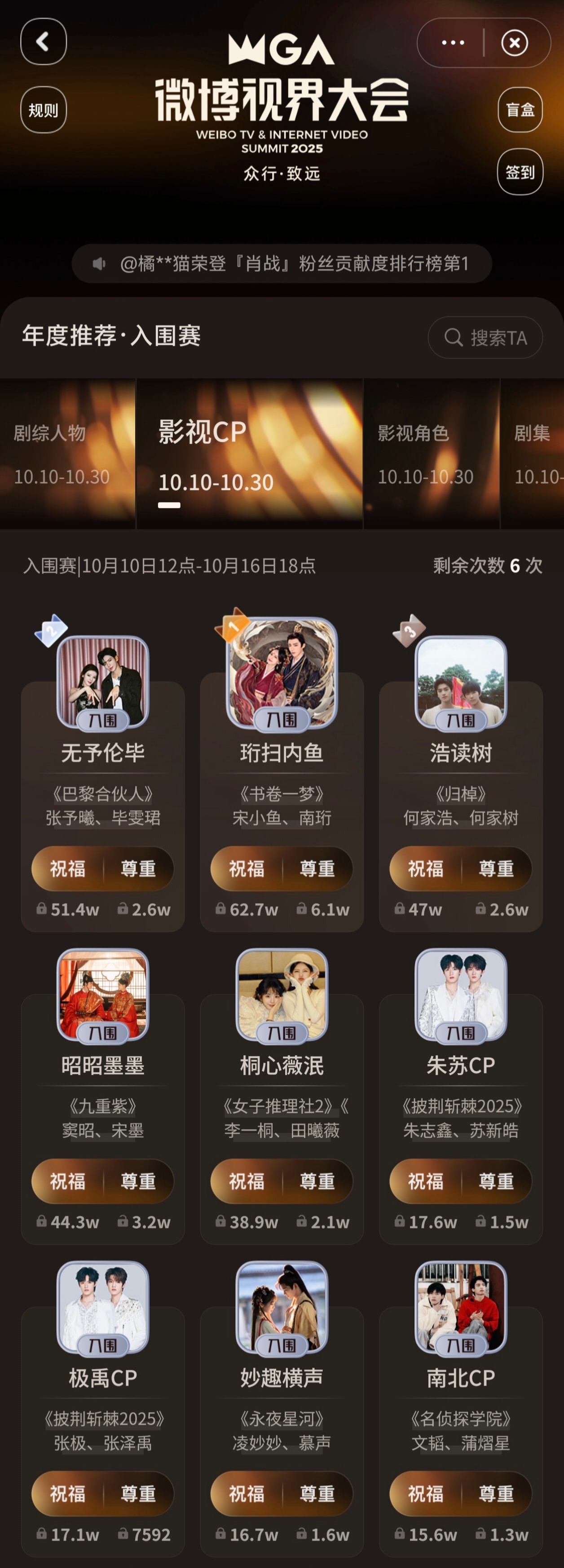 微博视界大会年度推荐 影视CP TOP9张予曦&毕雯珺 无予伦毕李一桐&田曦薇 