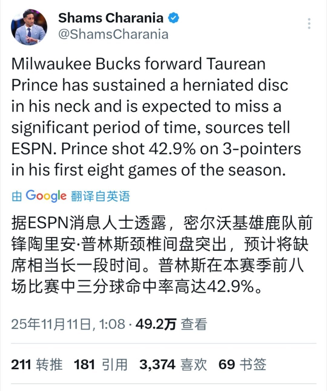 Shams:托利恩-普林斯因为腰椎间盘突出，将缺席相当长一段时间 ​​​