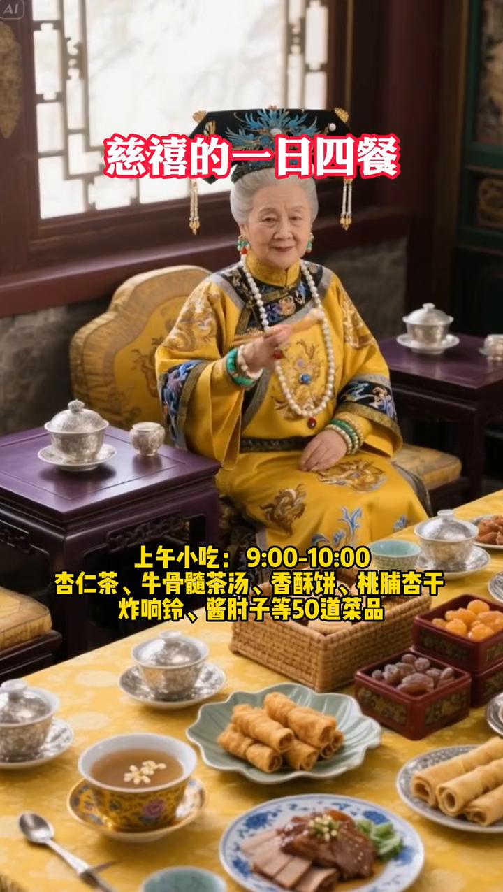慈禧一天吃什么？
慈禧的一日四餐：
·早膳：清晨6：00-7：00，燕窝羹、红稻