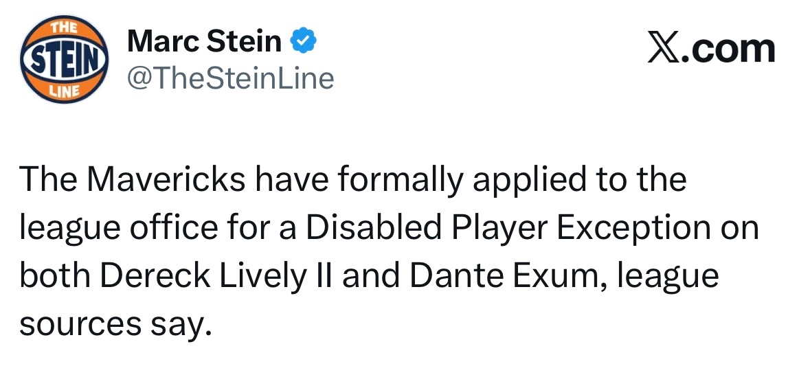 独行侠队已正式为莱夫利与埃克萨姆两名球员，向联盟办公室申请伤病球员特例。 