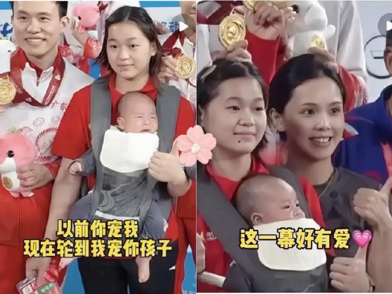 这下好了，
不仅跳水队知道了，
全国人民都知道了，
全红婵帮师哥谢思埸带娃。
