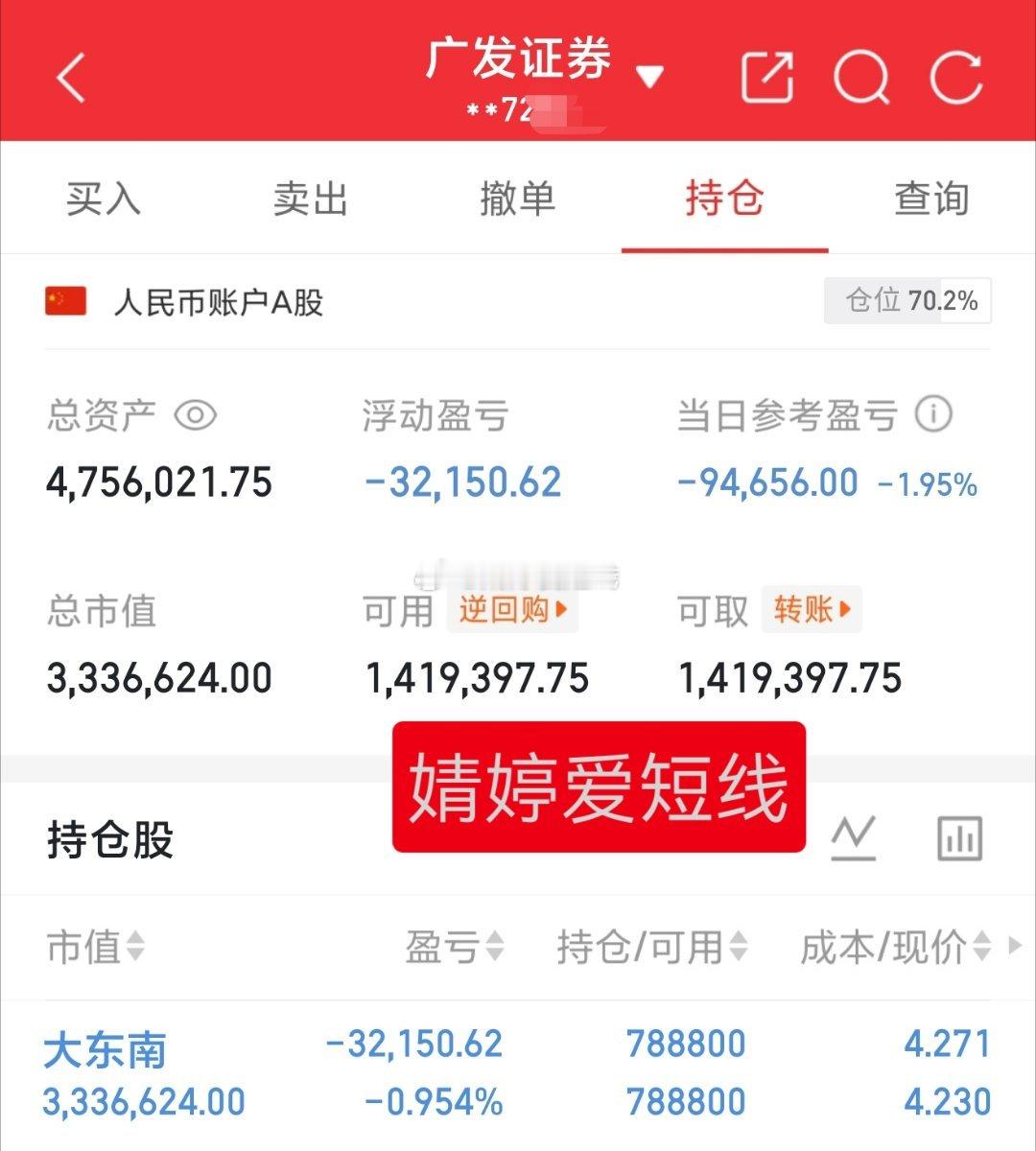 30万本金实盘记录（第448天）目前资金:4756021.75元今日持有:大东南