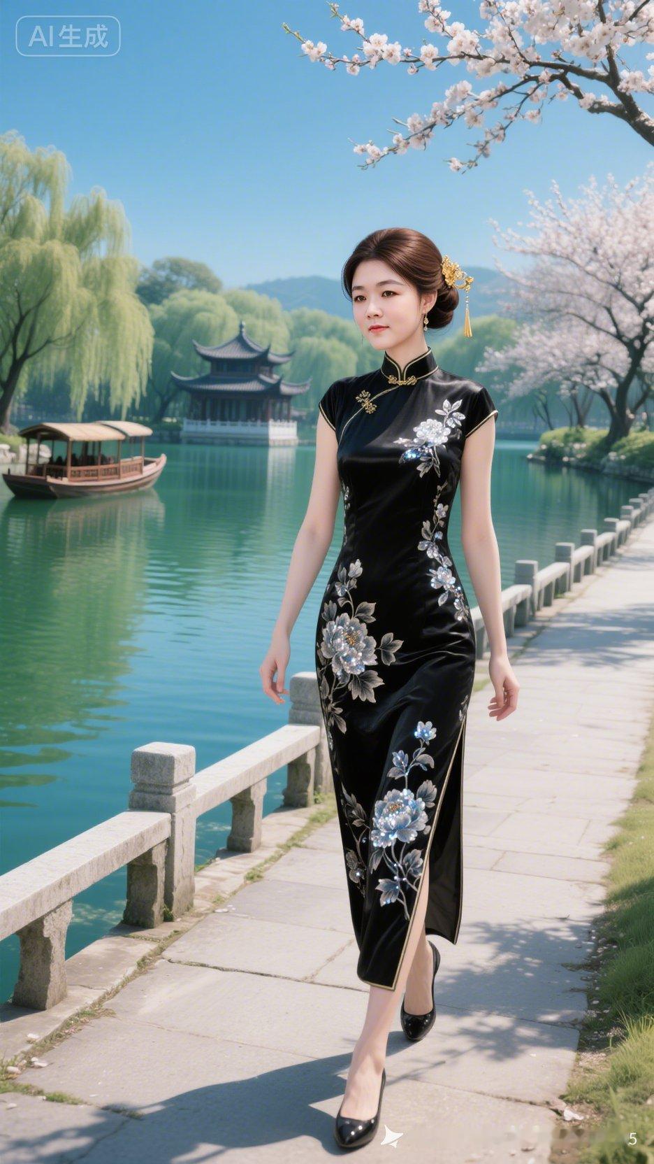 春日游园，黑裙花影，古韵悠长。