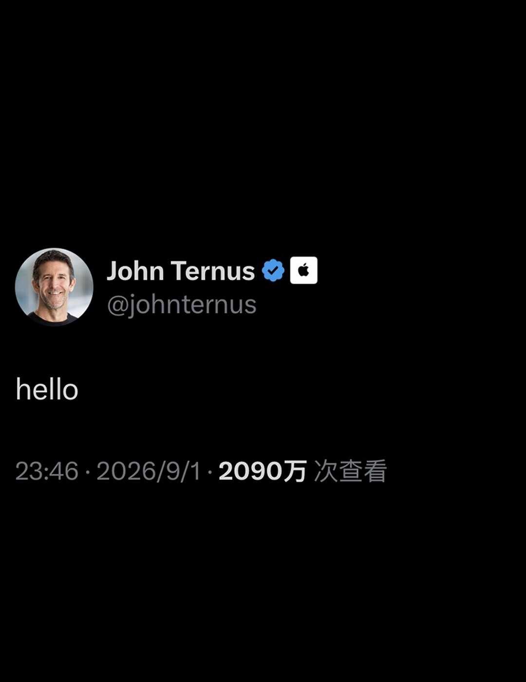 苹果新CEO特努斯向世界问候：hello
苹果新CEO向世界发出的第一声正式问候