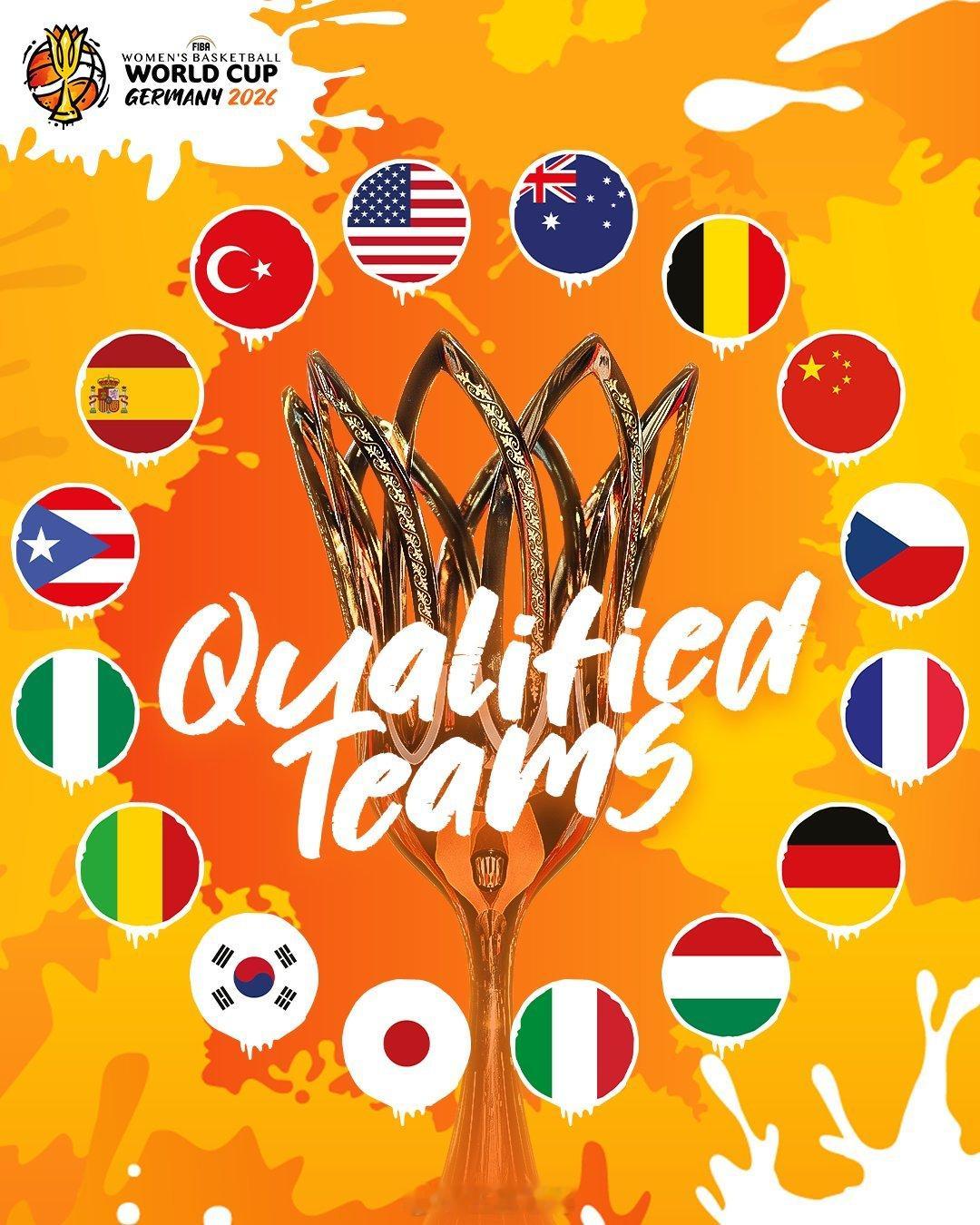 中国女篮 2026年女篮世界杯所有参赛球队产生，一共16队，中国女篮顺利从武汉赛