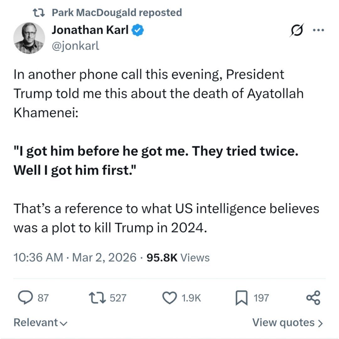 特朗普自曝要连续4周打击伊朗¹ 特朗普在电话里告诉ABC记者：他想收拾我，但我先