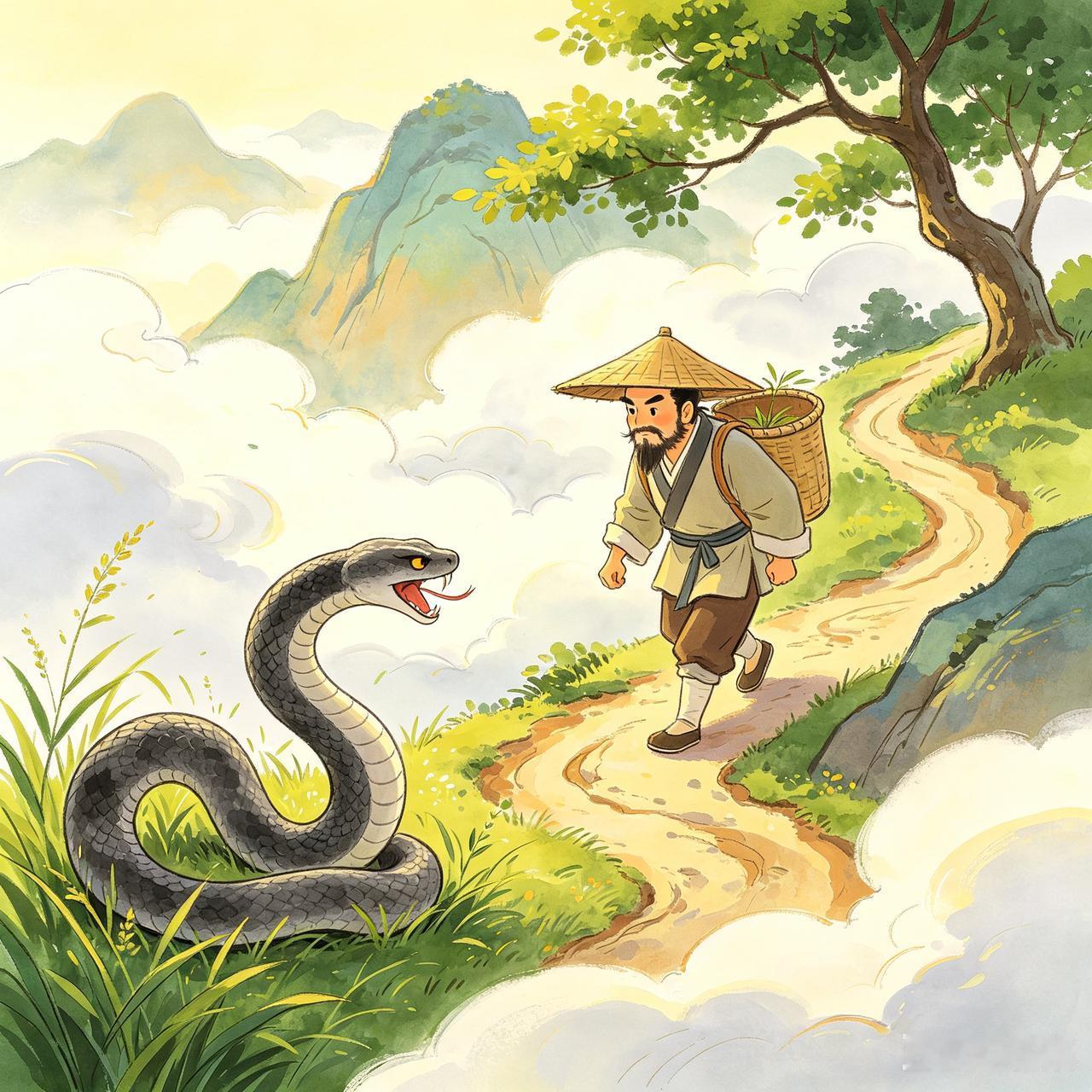 潭州人赵某，一日在山中行走，山道上遇见一条毒蛇，那蛇似乎动怒，冲他啮牙咻咻，身体