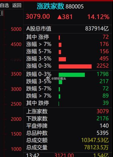 两市成交额突破1万亿！放量1700亿！500家跌2%以上，1000家涨3%以上，