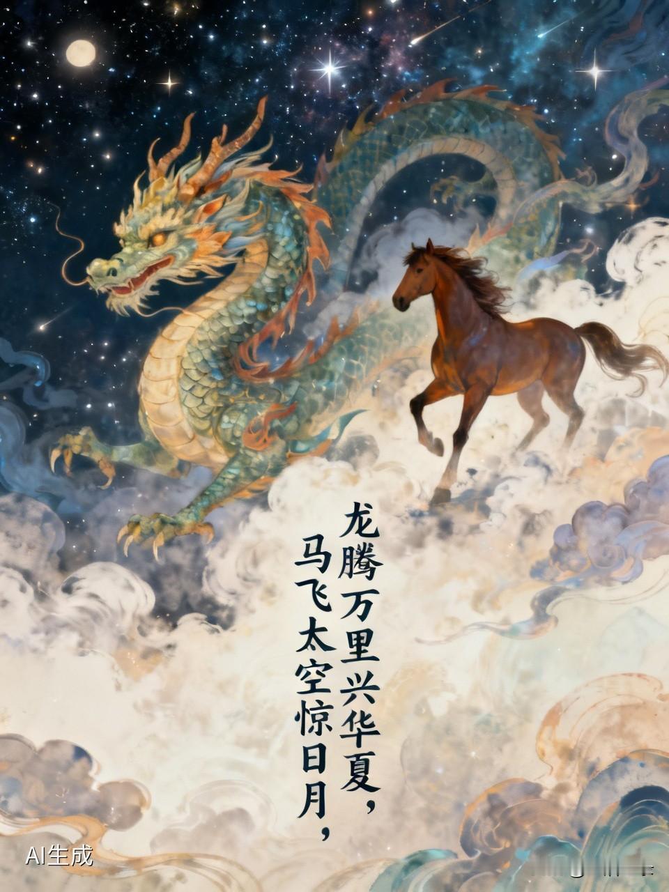 “龙腾万里兴华夏，马飞太空惊日月”，这对联太有气势了！龙象征着中华民族，它腾飞万