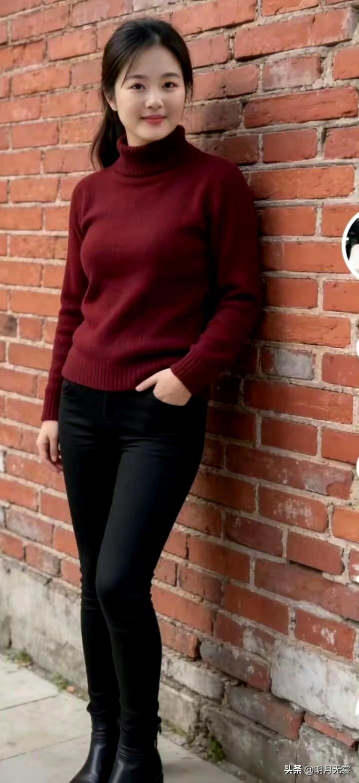 复古红砖墙前，温暖酒红色毛衣搭配黑色紧身裤，简约时尚，尽显都市女性魅力。