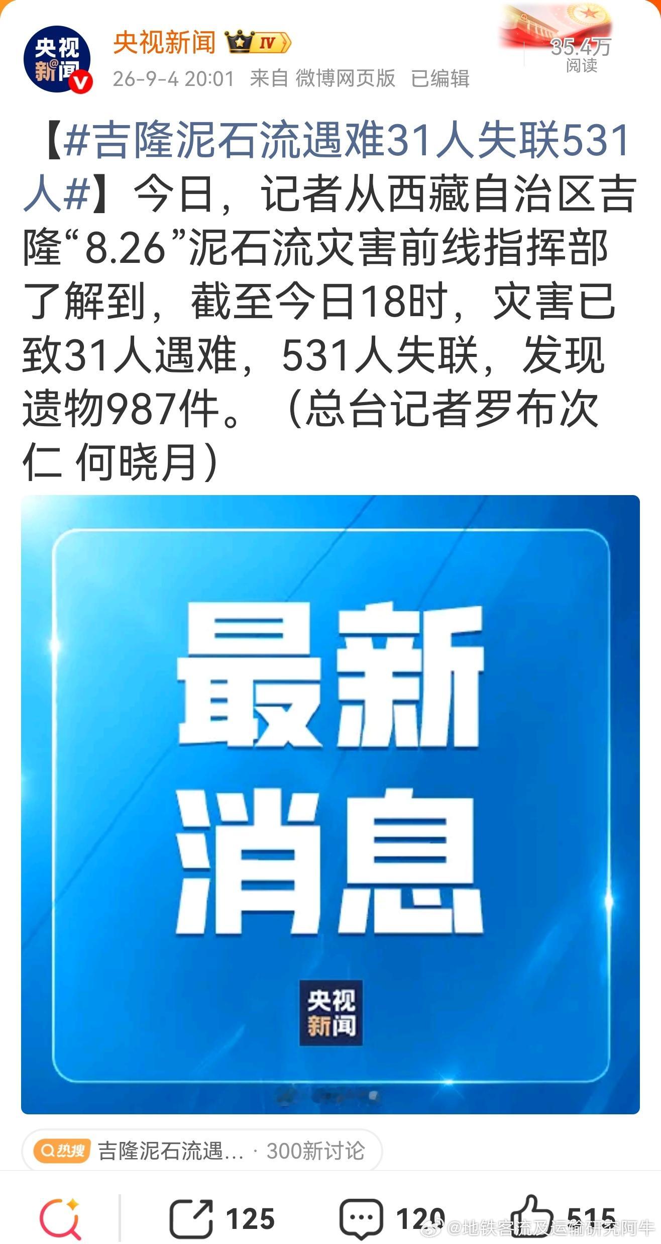 【吉隆泥石流遇难31人失联531人】今日，记者从西藏自治区吉隆“8.26”泥石流