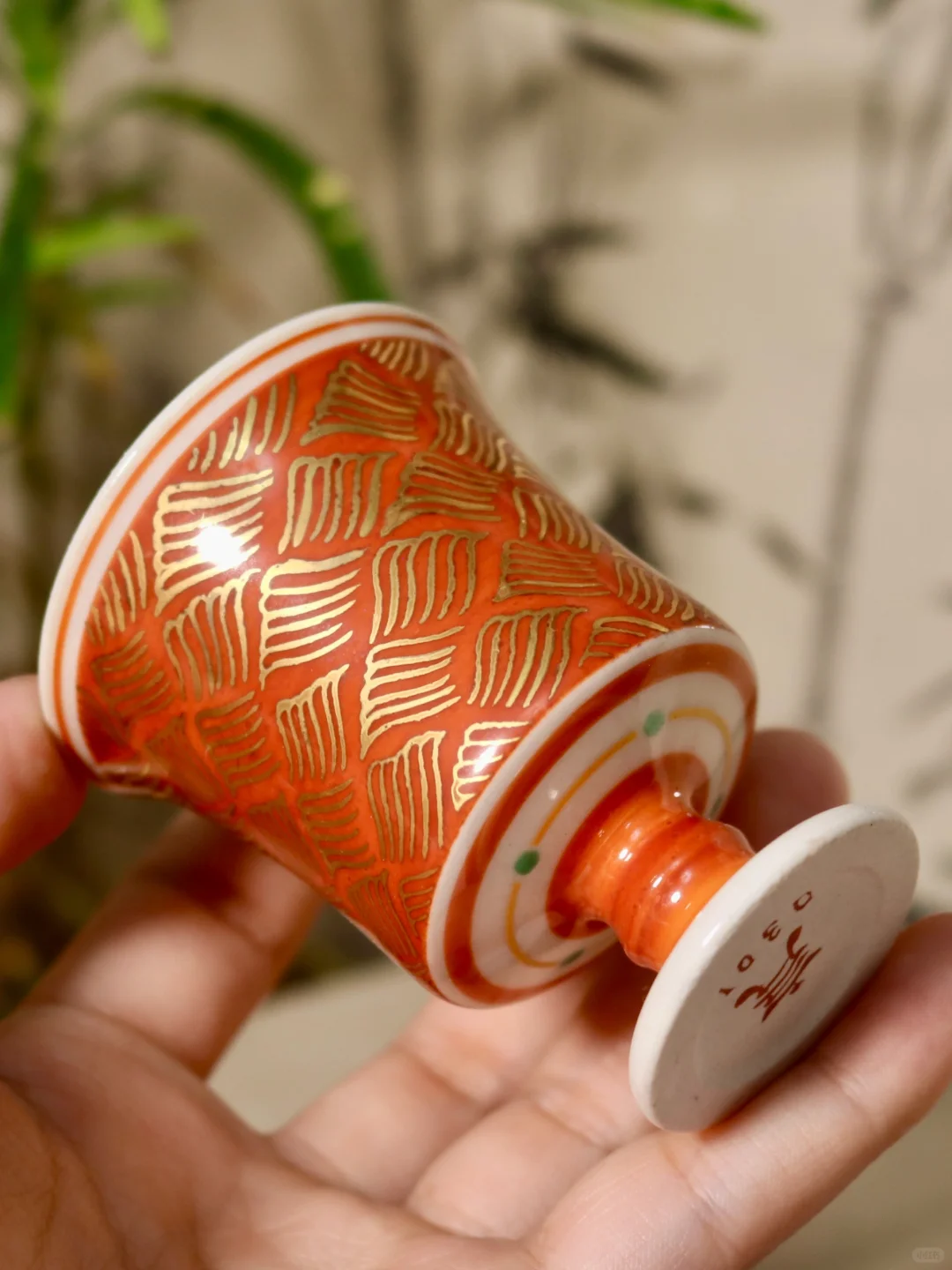 手工原创｜矾红描金海浪纹高足杯（60ml)