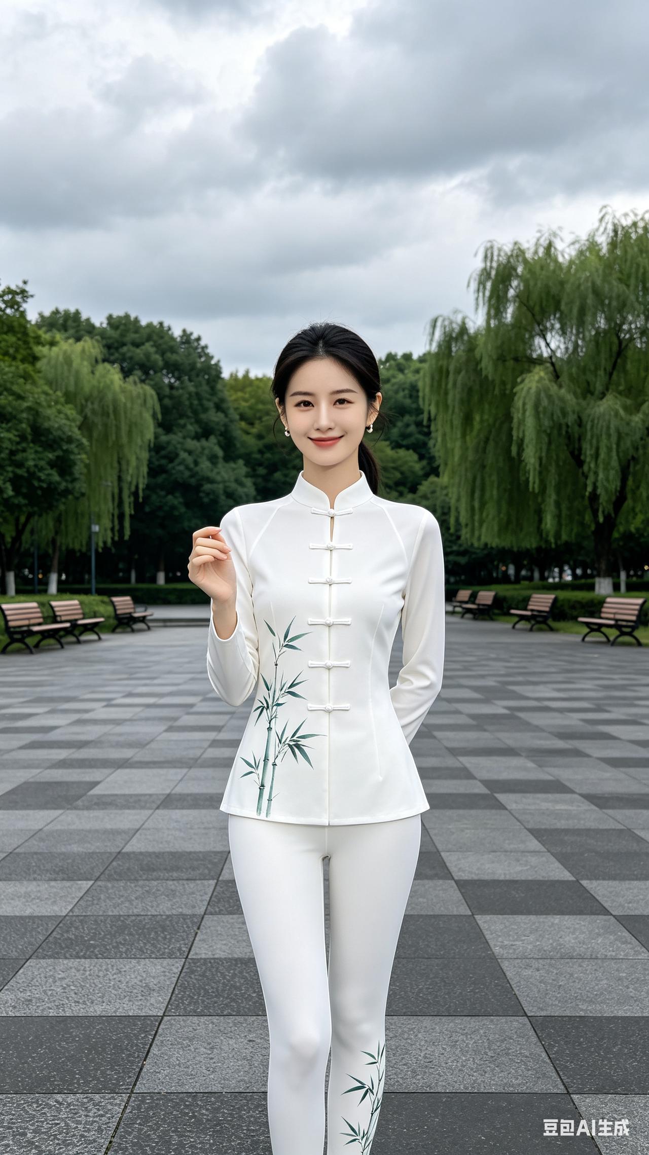 温婉东亚女子扎低马尾立于公园石板广场，身着印青竹白新中式套装，浅笑看向镜头。阴天