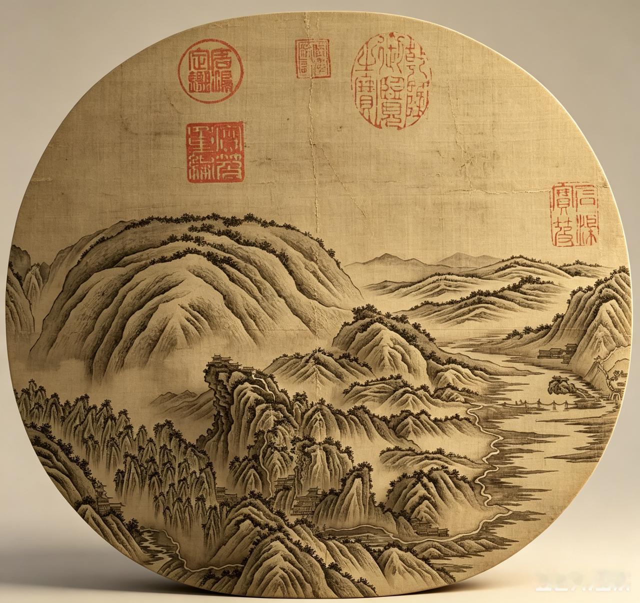 谁说古人不会搞全景大片？郑虔这幅《峻岭溪桥图》，早把航拍视角玩明白了！（AI复原