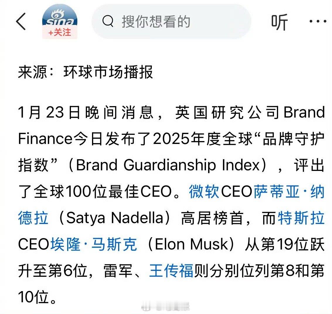 全球最佳CEO出炉，马斯克第六，雷军、王传福入围前十！  