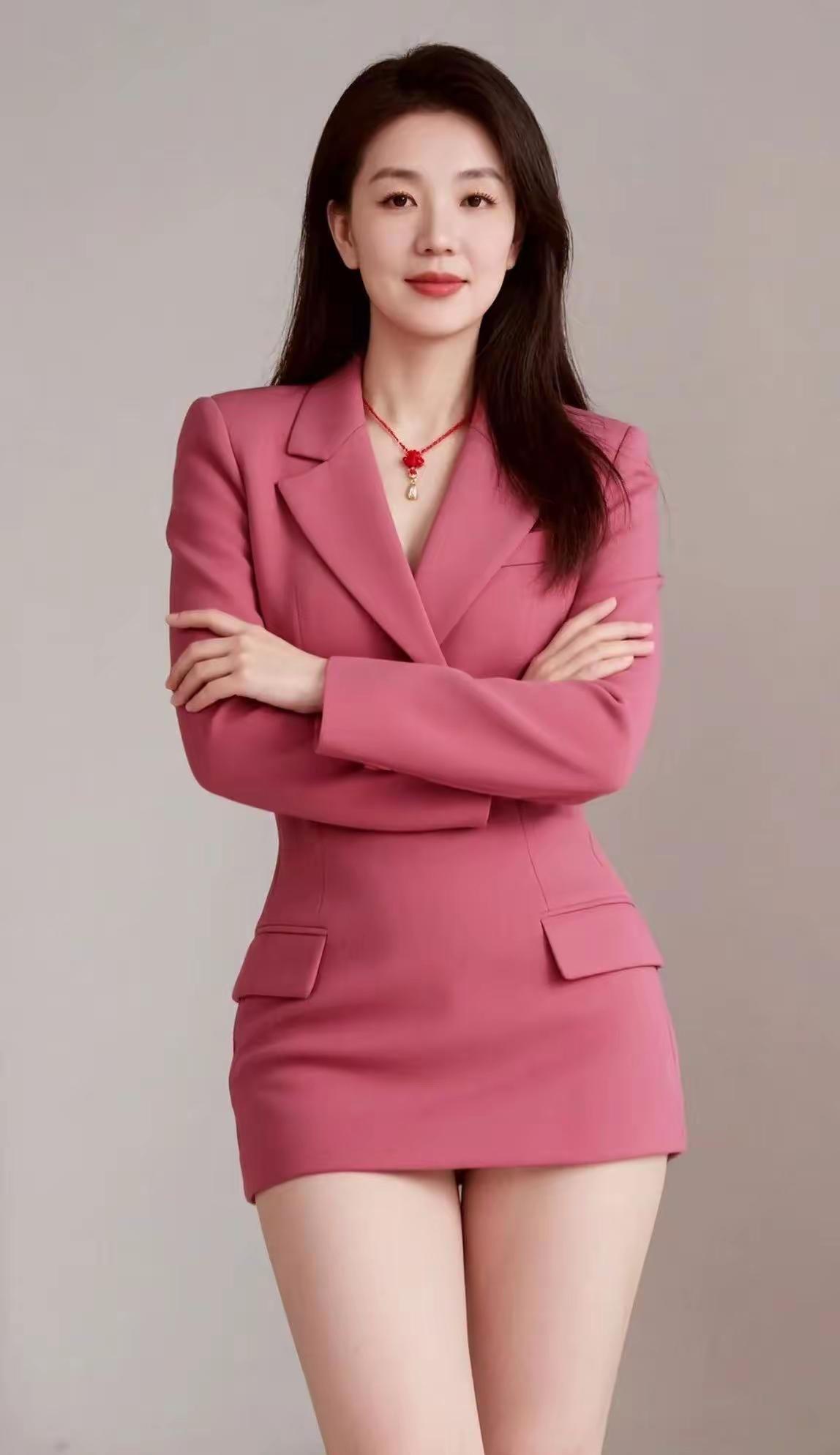 自信满满的女王范儿，粉色西装搭配红色项链，气场全开！