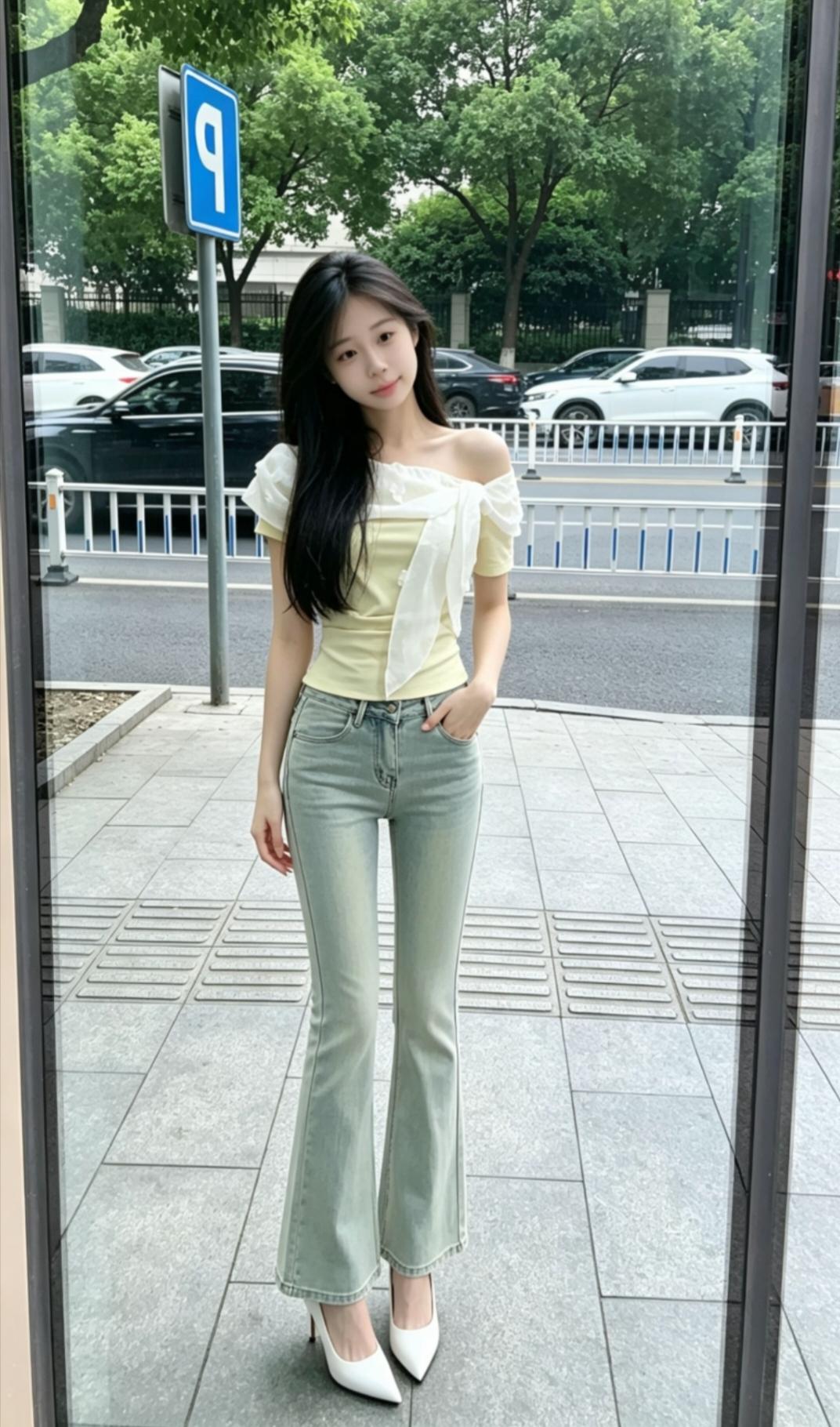 清新夏日穿搭，浅绿色牛仔裤搭配白色高跟鞋，简约又时尚！🌞👗👠