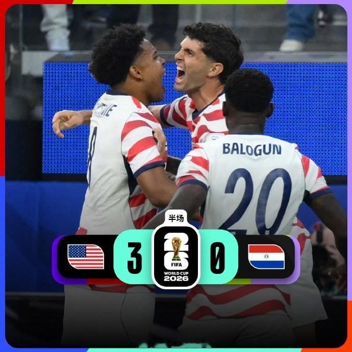 美国队的表现堪称惊艳！半场比赛结束，美国3-0领先巴拉圭！巴拉圭球员乌龙，美国球