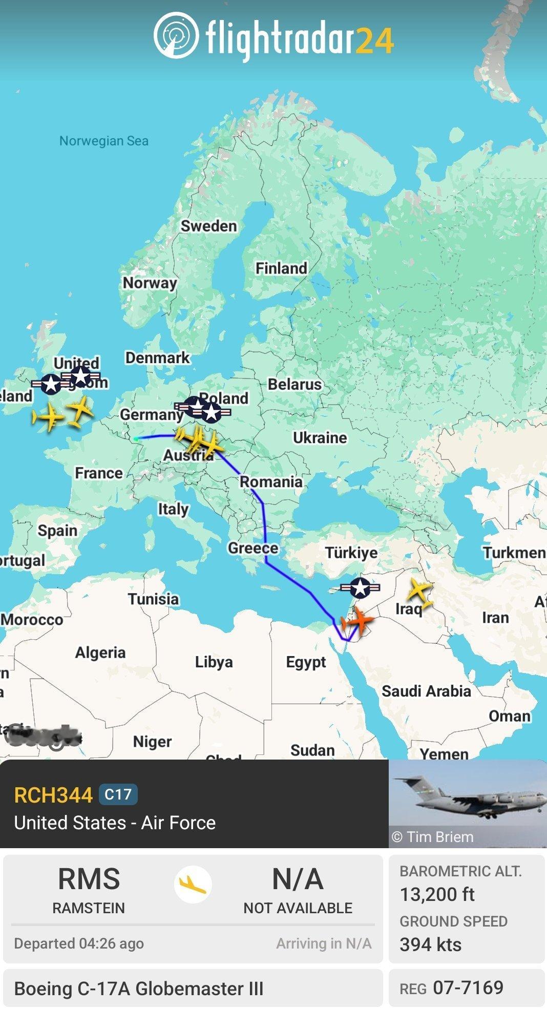 🔻F24数据显示：多架美国空军 C-17A 运输机飞往欧洲和中东地区。🔻1 