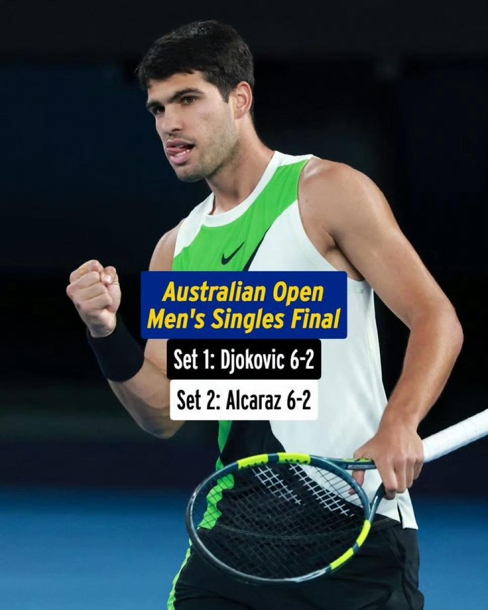 2026澳网男单决赛，两盘结束，大比分战平1-1 （6-2/2-6）。
明显感觉