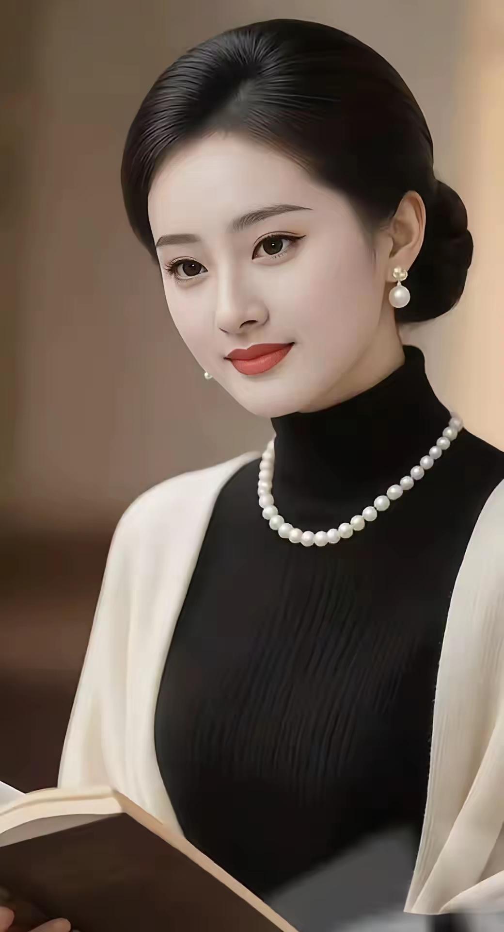 优雅气质，珍珠与黑衣的完美搭配，尽显高贵与知性。