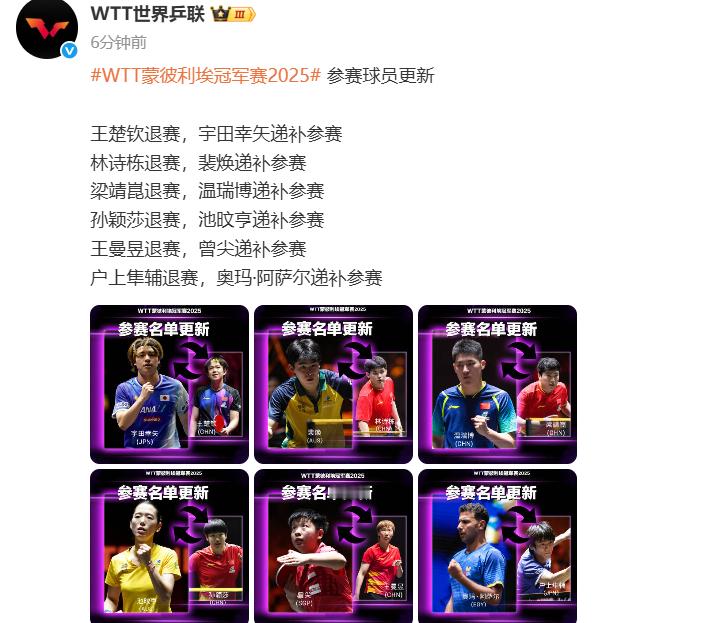 WTT蒙彼利埃冠军赛退赛名单 ：WTT蒙彼利埃冠军赛2025 参赛球员更新王楚钦