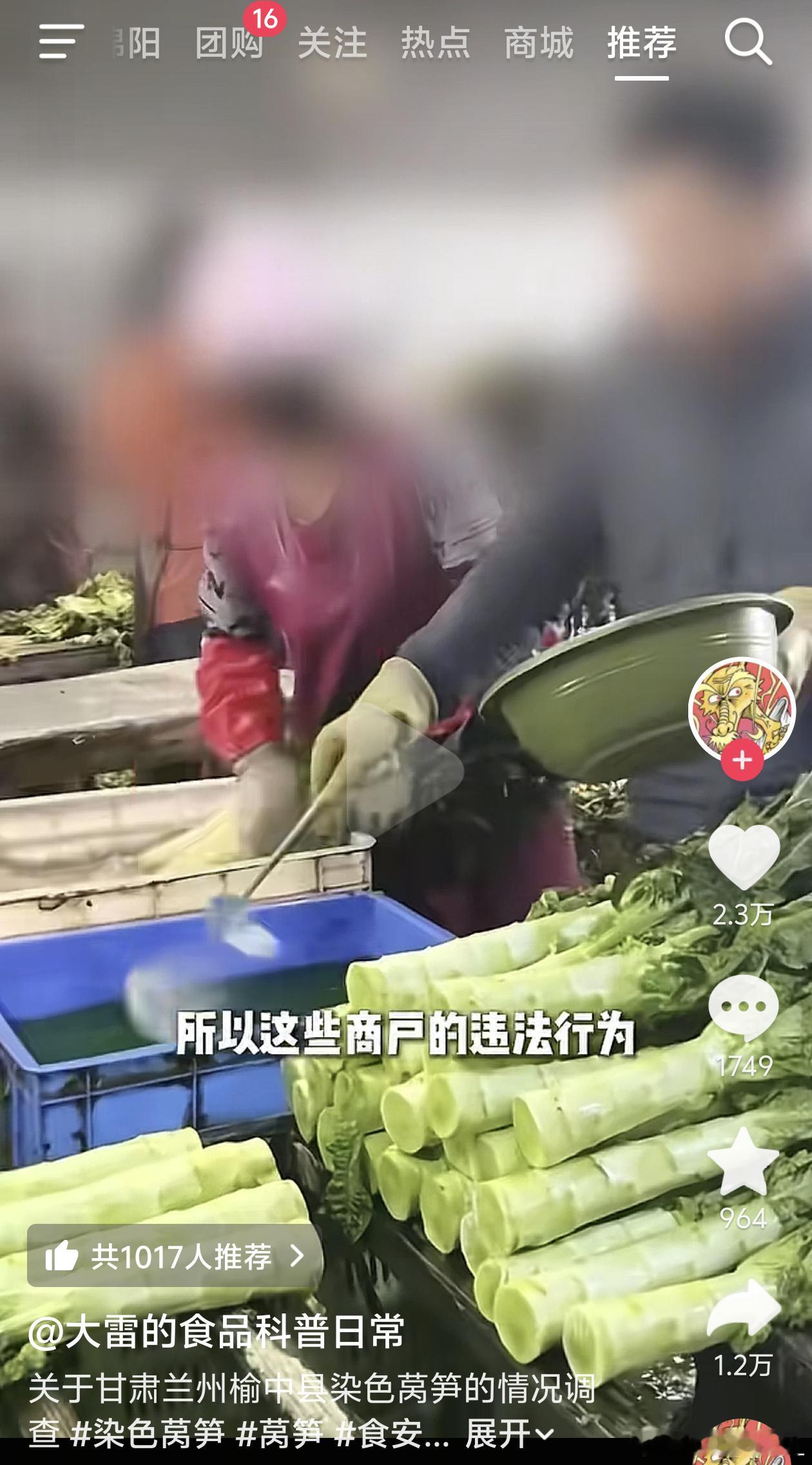 一个经常看的食品科普博主，曝光了兰州榆中某些菜库对莴笋染色的事实。其送检检测出了