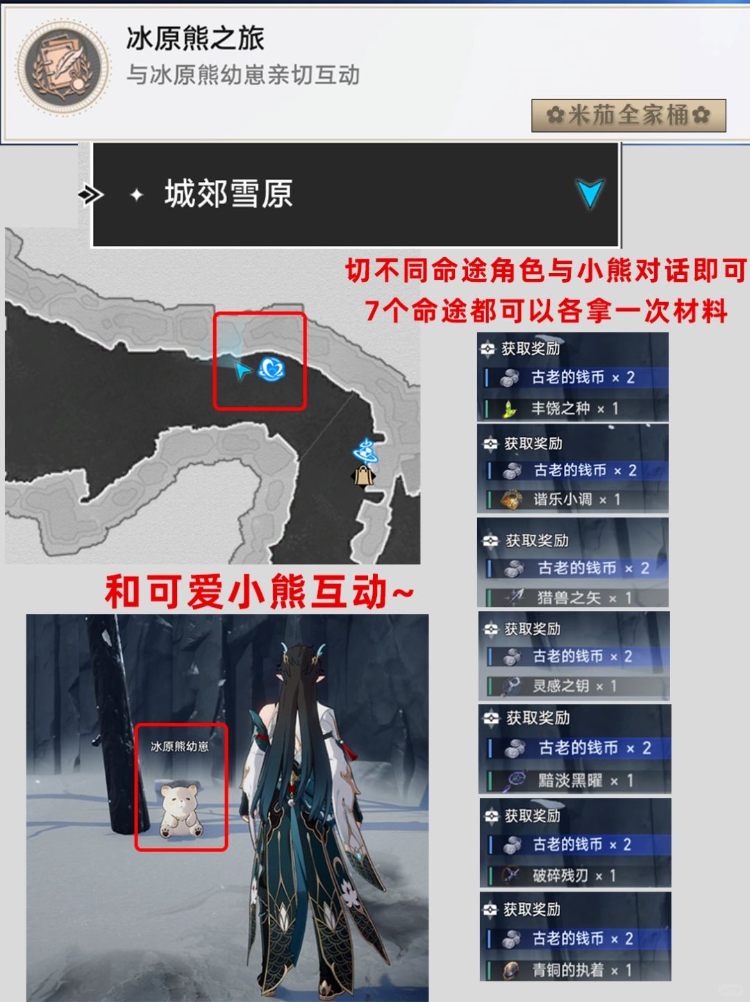 和冰原小熊对话拿7种材料和一个隐藏成就