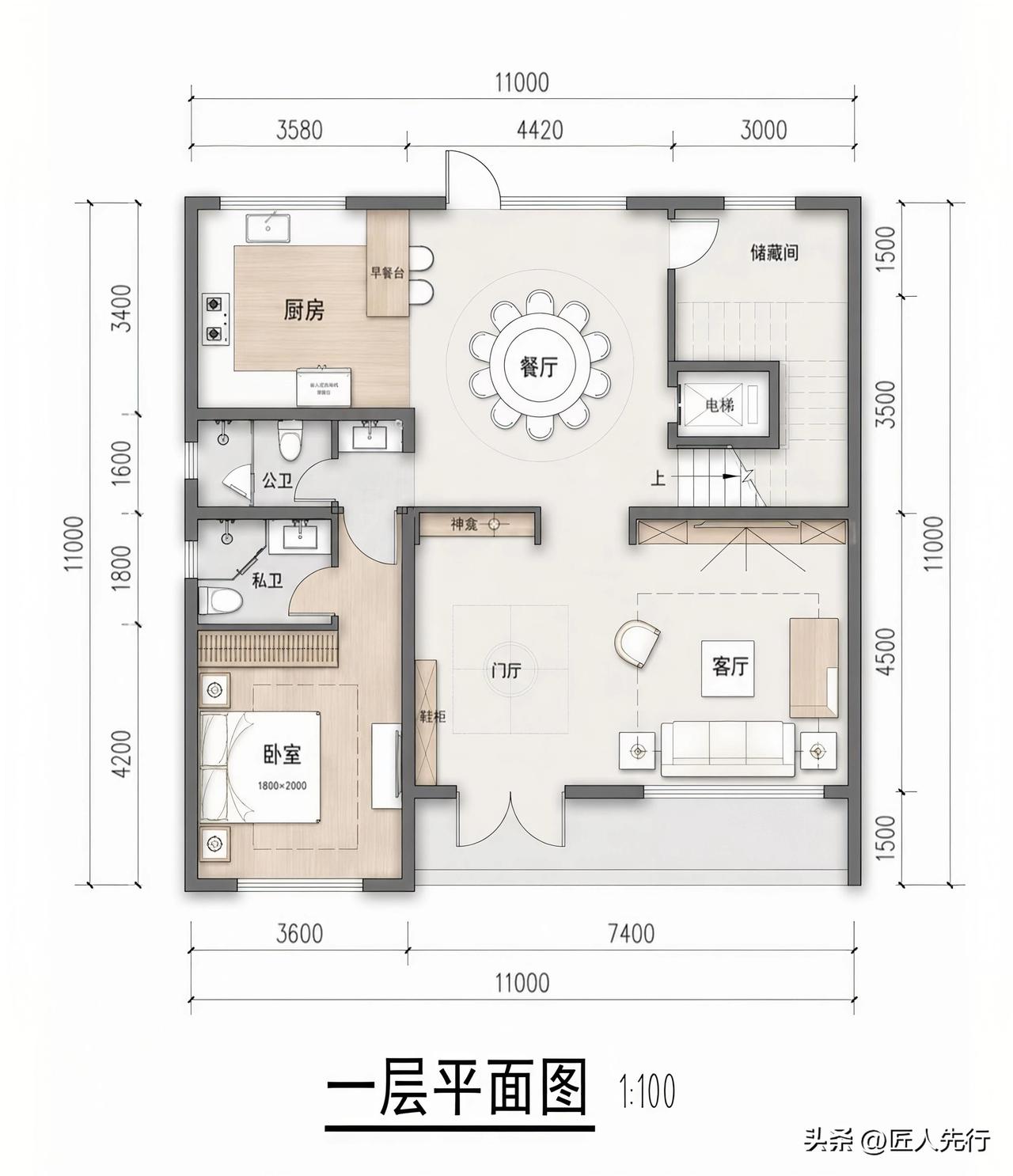 三层带电梯自建房户型布局！占地11米X11米。