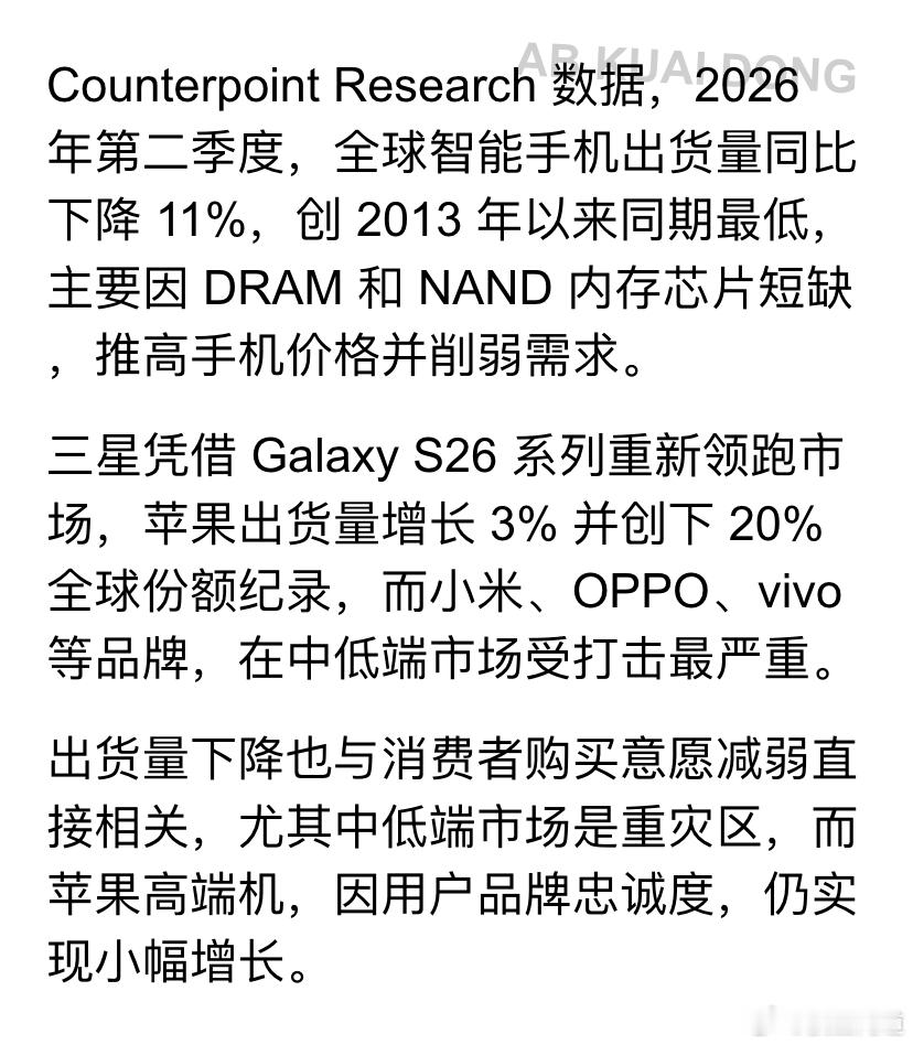 Counterpoint Research 数据，2026年第二季度，全球智能手
