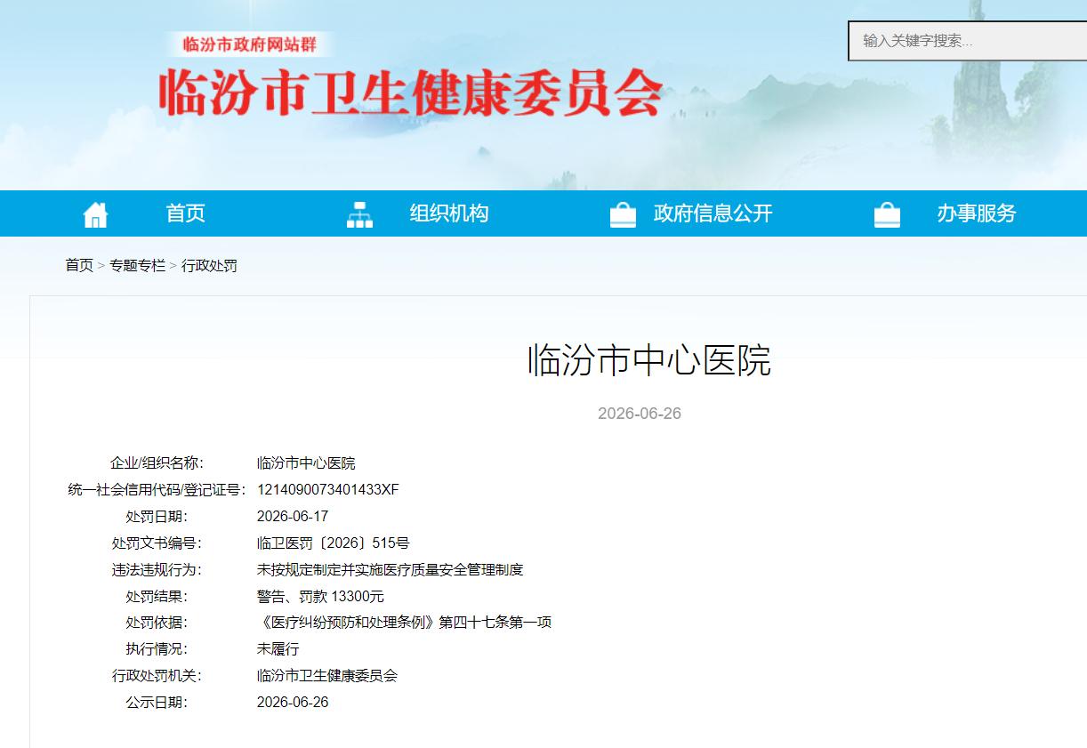 临汾市中心医院因违规被警告，并罚款13300元。