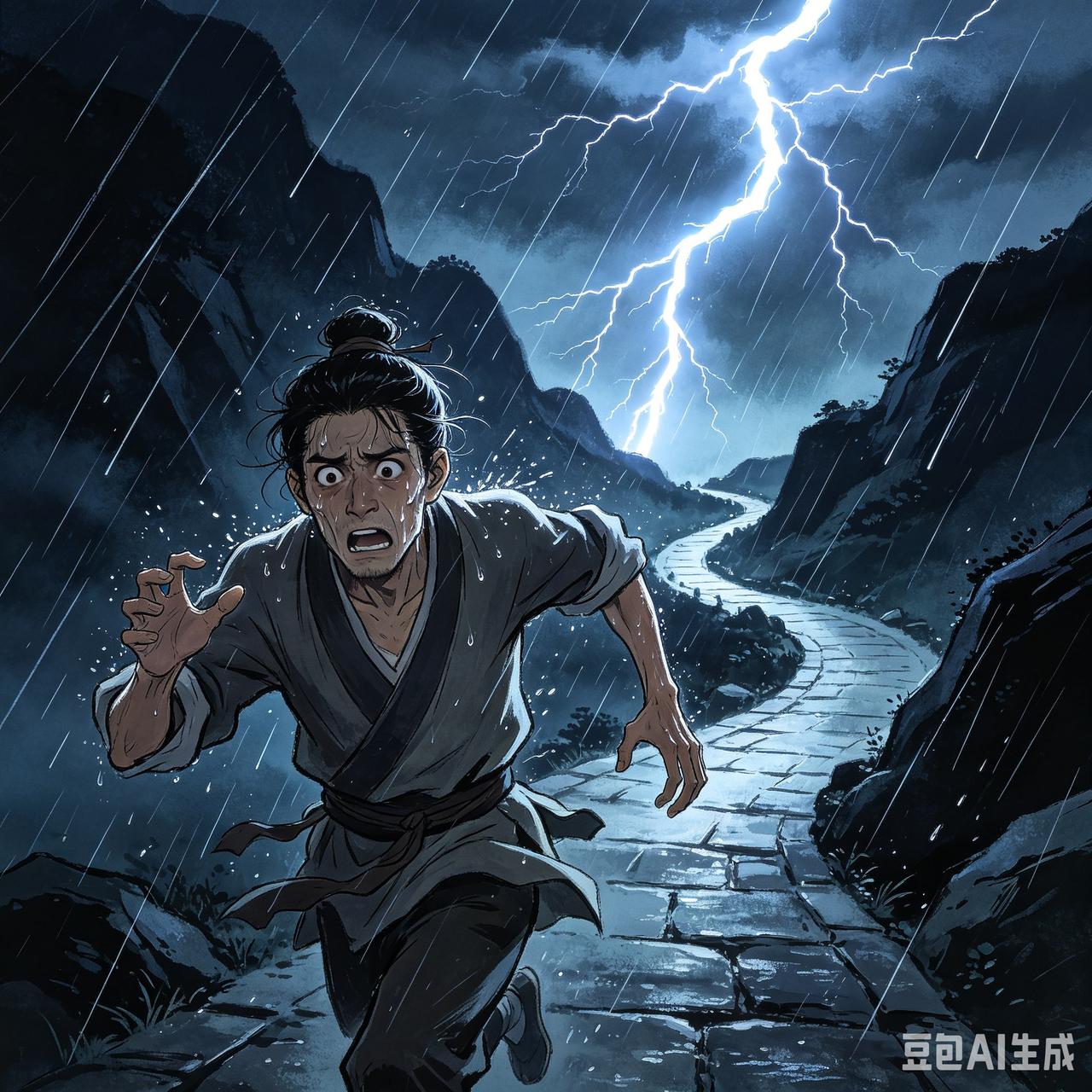 从前有个贼，在一户农家偷出一头牛。

他牵着牛走在半道上，忽然天空乌云四合，电闪