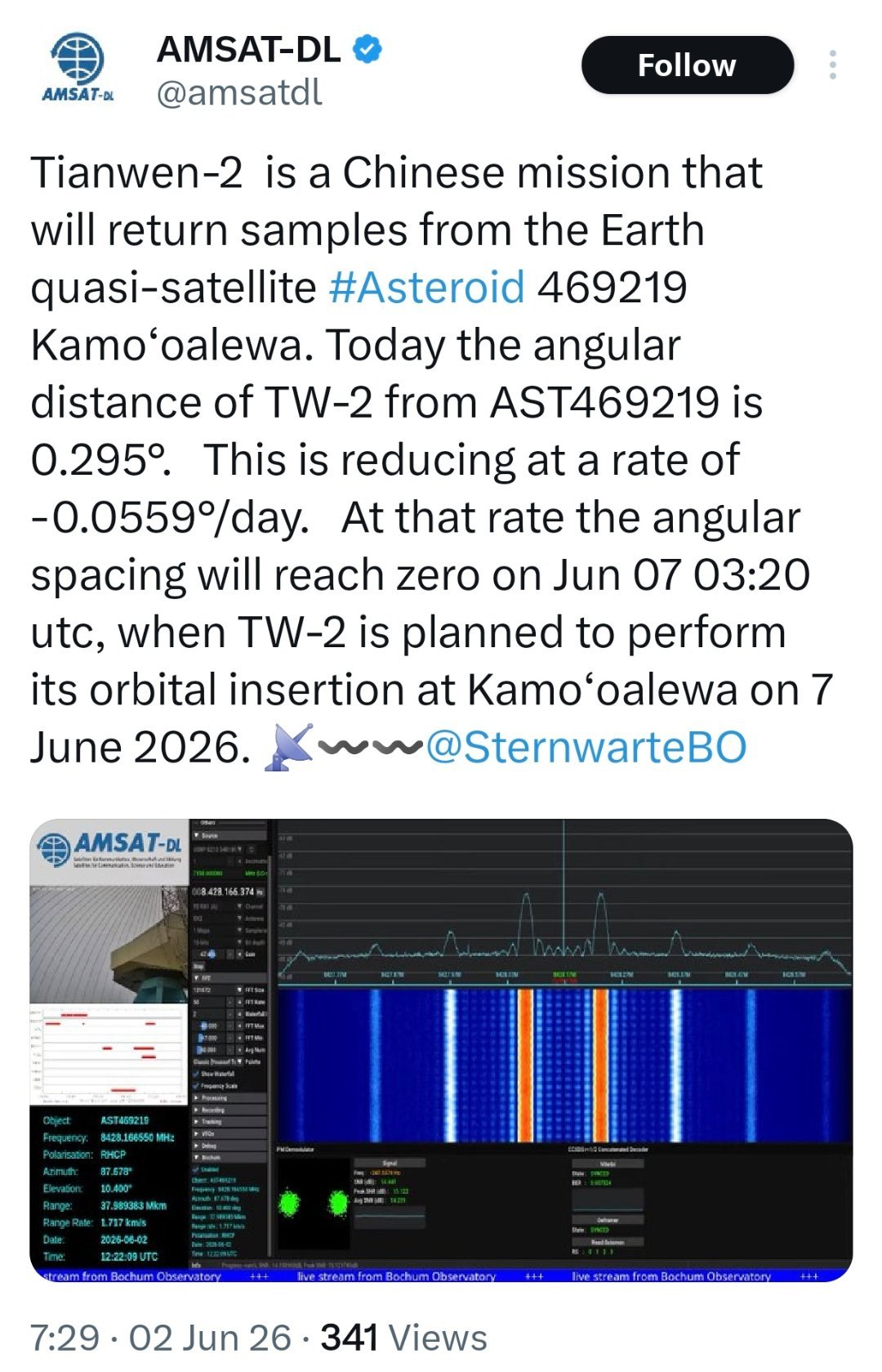 观测表明天问二号探测器将于6月7日与小行星2016HO3交会，届时将是进行捕获机