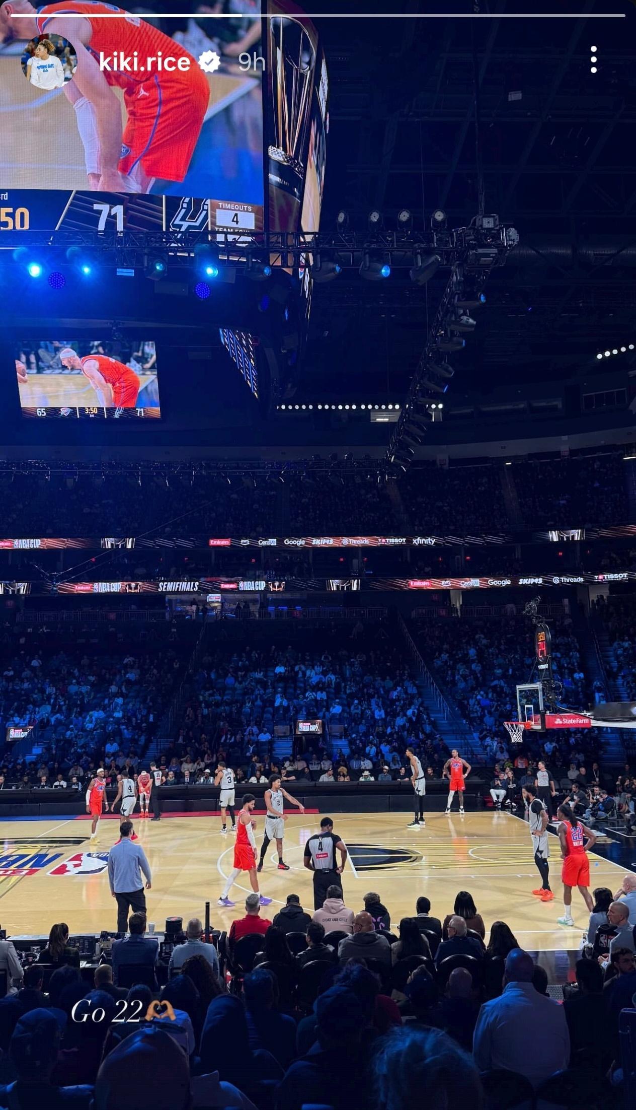 卡森华莱士和以赛亚乔两人的女友今天都在现场观赛，似乎两人坐在一块。马刺终结雷霆1