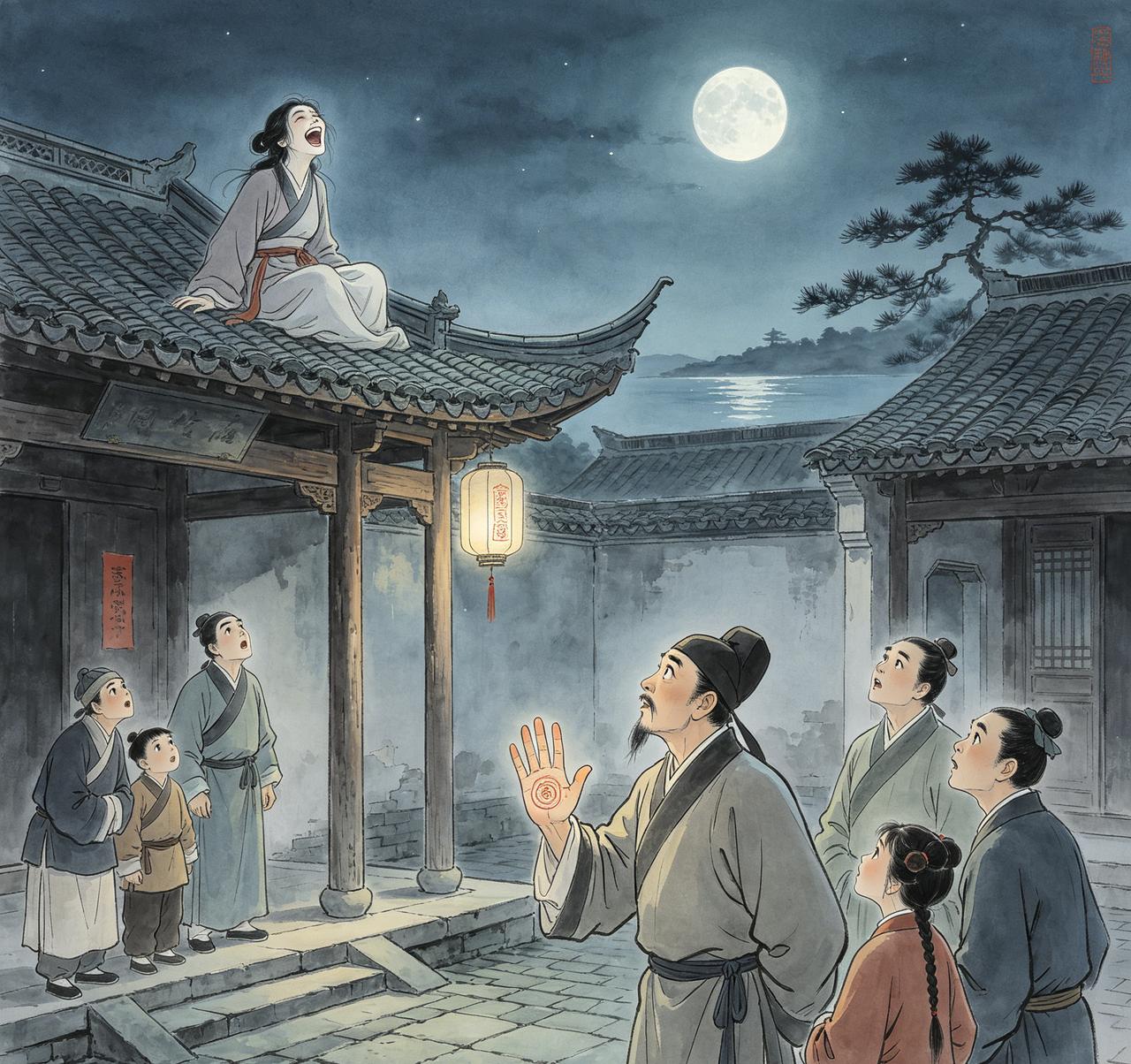 江西有个陶悔庵，在家排行第五。他的妻子某日和婆婆拌了几句嘴，忽然纵身一跃坐到屋顶