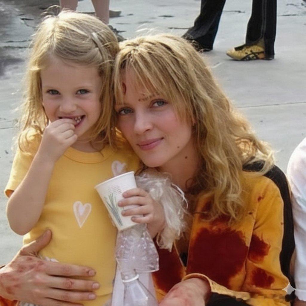 乌玛·瑟曼和她的女儿玛雅·霍克2003年在《杀死比尔》的一张片场照 