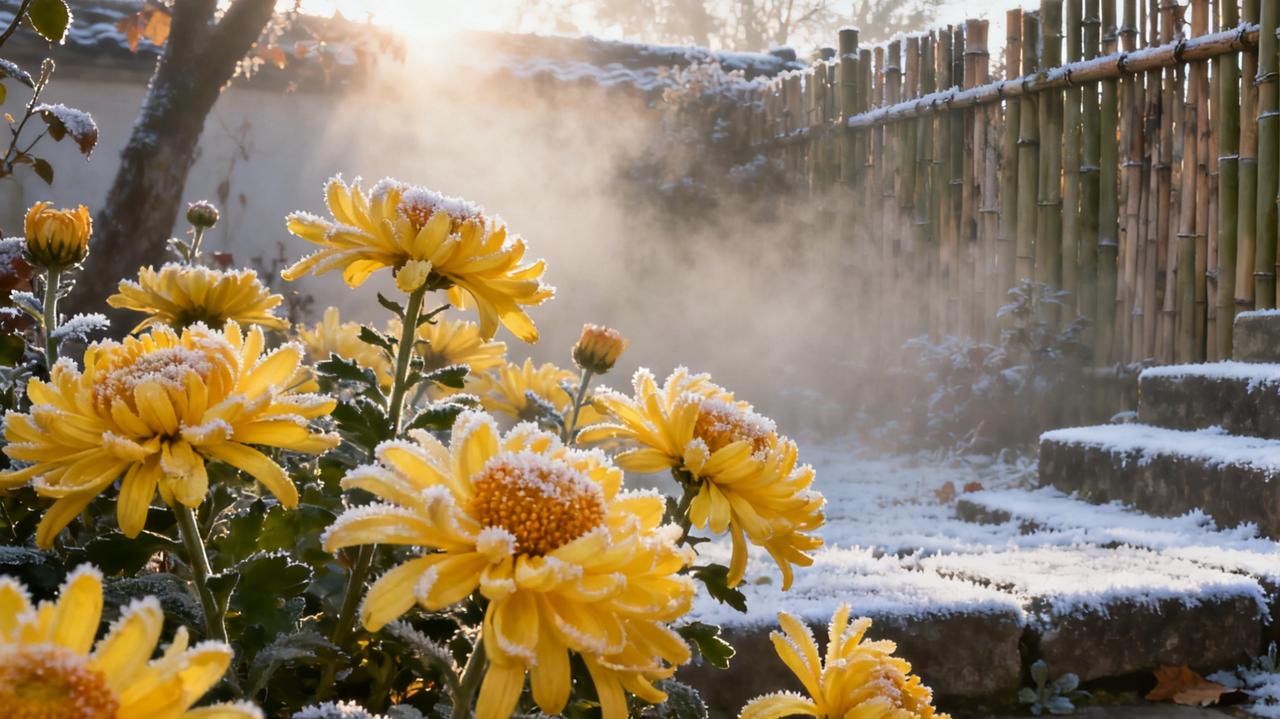 2. 青松挺翠傲风立。
3. 霜枫燃赤向阳开。
4. 疏桐摇影伴秋鸣。
5. 残