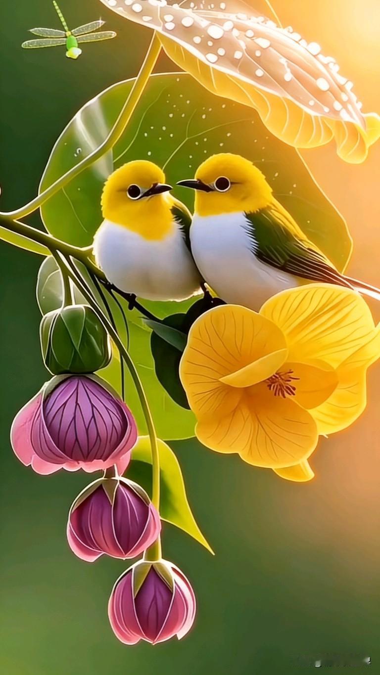 “春日暖阳下，两只黄鹂鸟依偎在花丛中，温馨浪漫。”🌸🐦💕黄鹂翠柳春意图 黄
