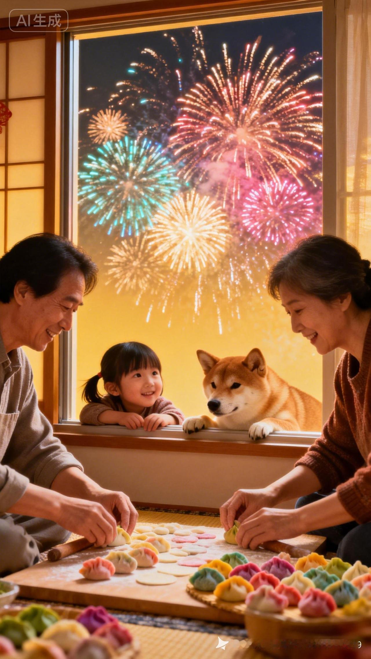 温馨家庭时光，一起包饺子看烟花🎆💕