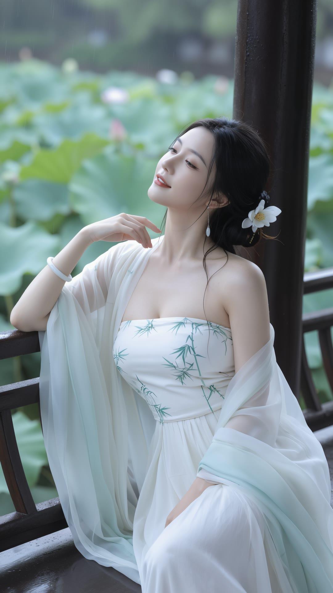 雨中仙子，荷塘倩影，一抹柔情，如梦如幻。