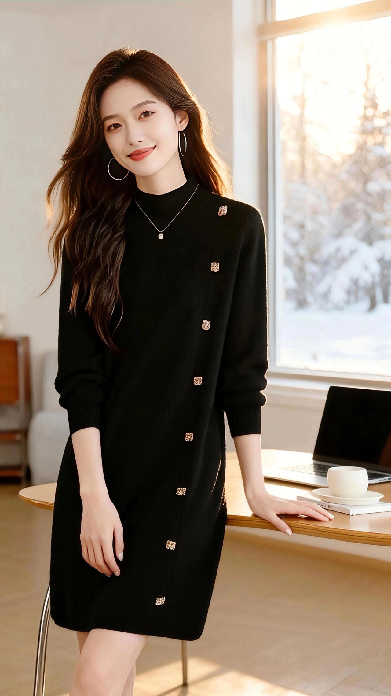 雪落的日子，连风都裹着软绒的温度。她穿一身墨黑的针织裙，像把冬夜揉进了衣料里，偏