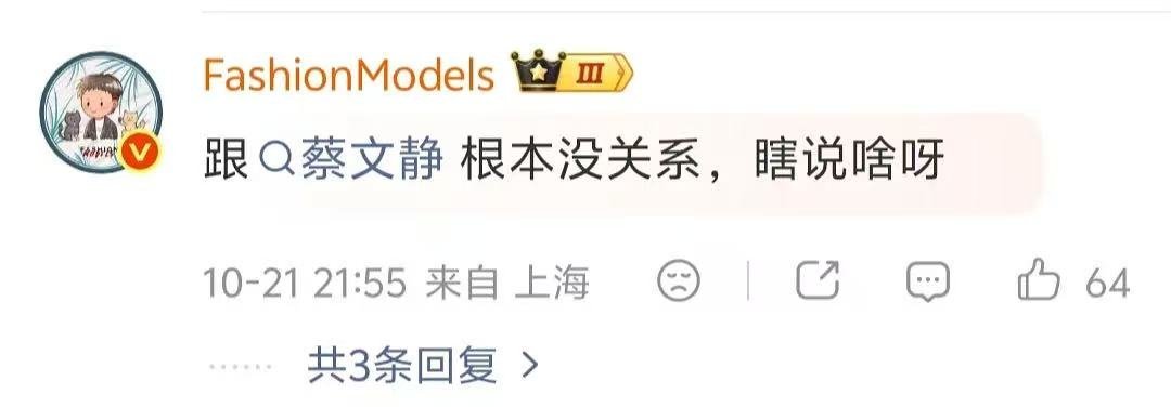 FM直接发博说：跟蔡文静根本没关系。完全无妄之灾吧蔡文静在张小斐之前走完红毯了 