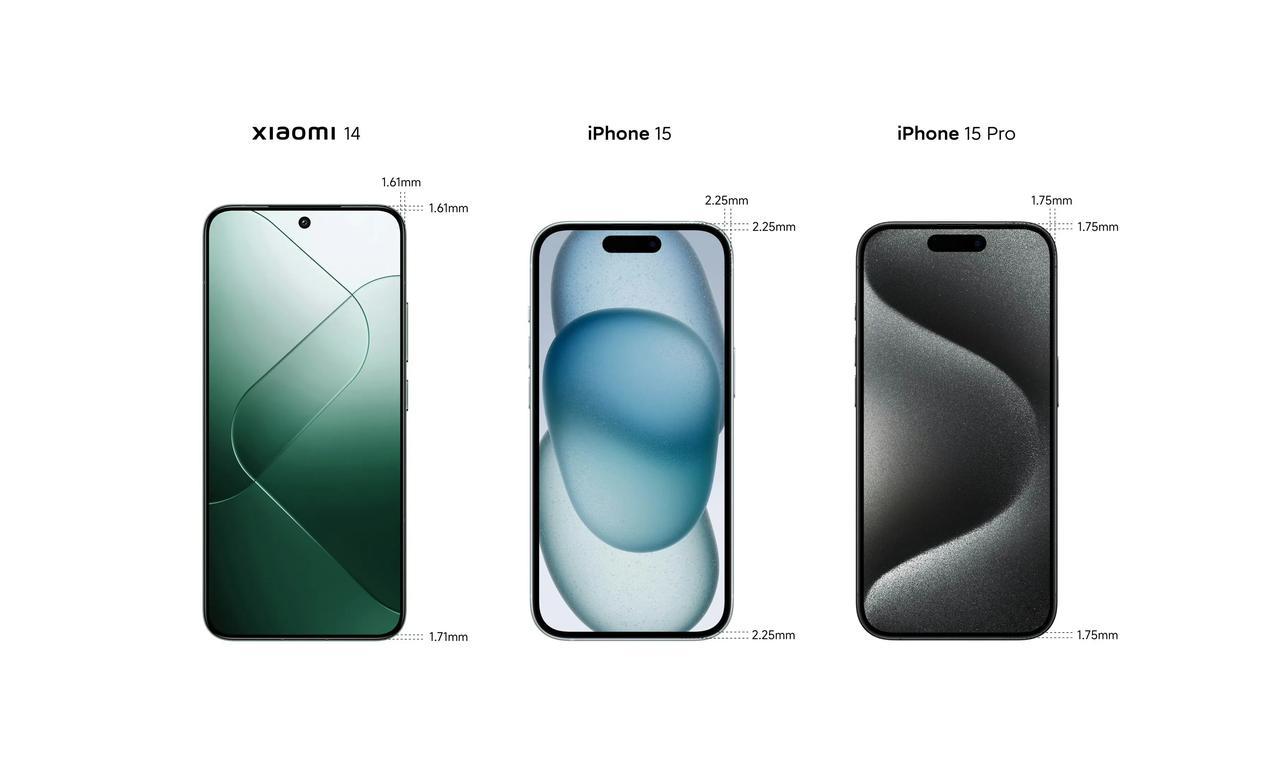 对标iPhone 15/Pro，#小米14# 边框比iPhone 15还极致。几